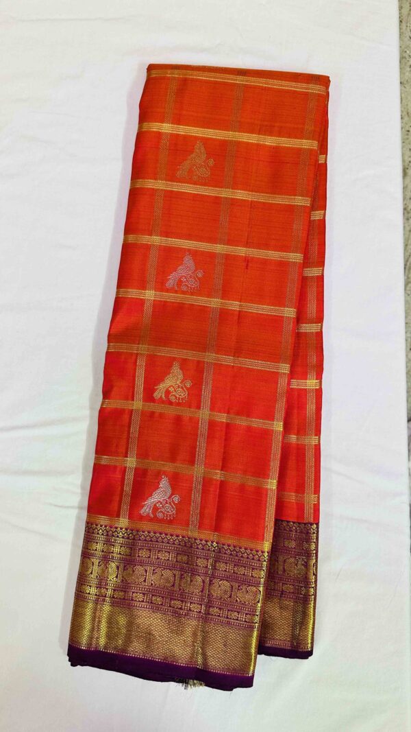 Pure Kanchipuram Handloom Saree with Pure Zari - Orange with Wine Checks