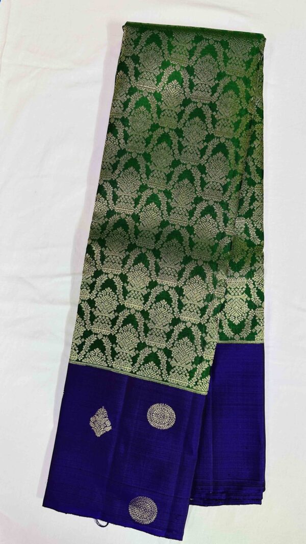 Pure Kanchipuram Handloom Saree with Pure Zari - Bottle Green with Purple Brocade