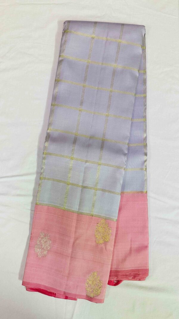 Pure Kanchipuram Handloom Saree with Pure Zari - Light Grey with Pink Big Checks