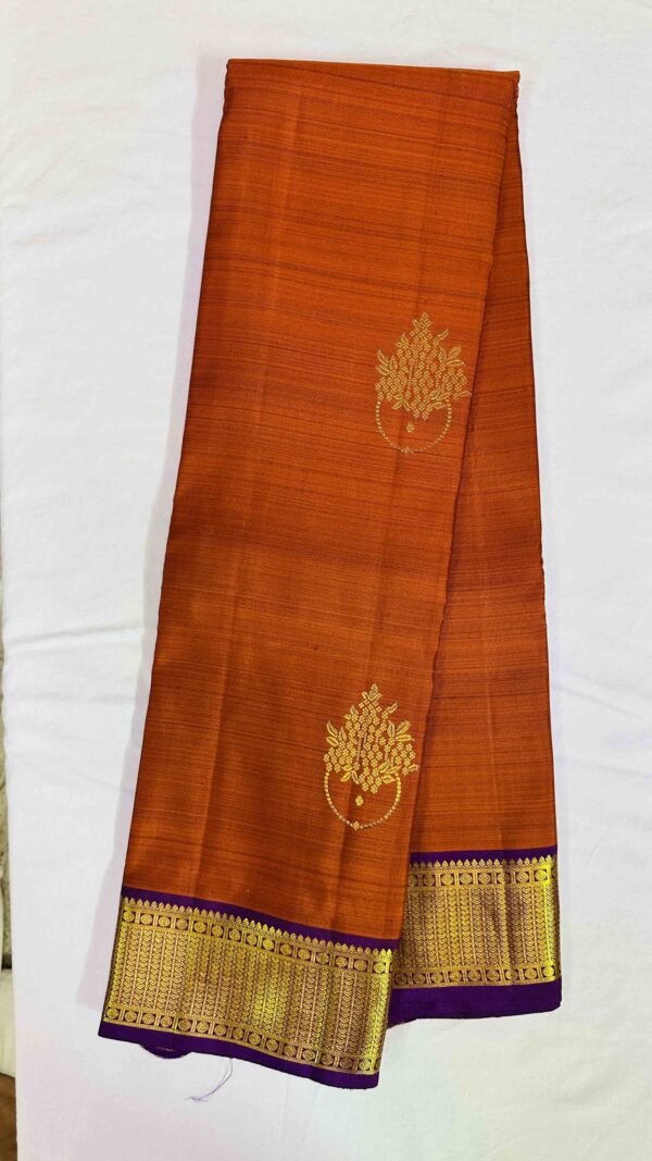 Pure Kanchipuram Handloom Saree with Pure Zari - Rust orange with Magenta