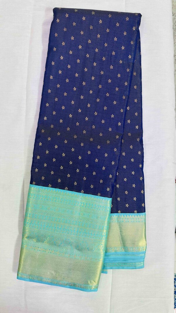 Pure Kanchipuram Silk Saree - Navy Blue with Rama Green