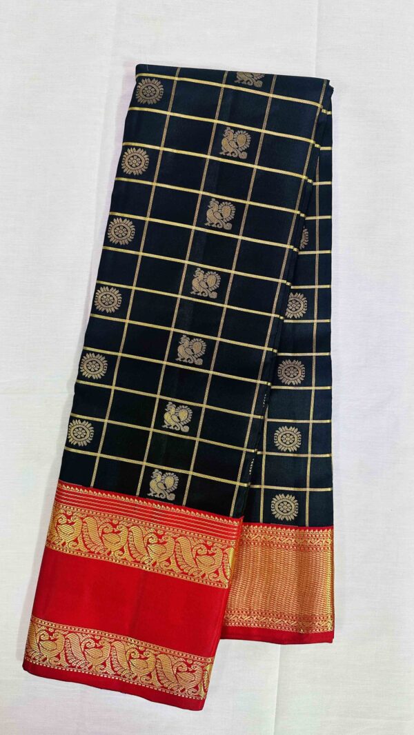 Pure Kanchipuram Silk Saree - Black with Red Big Checks