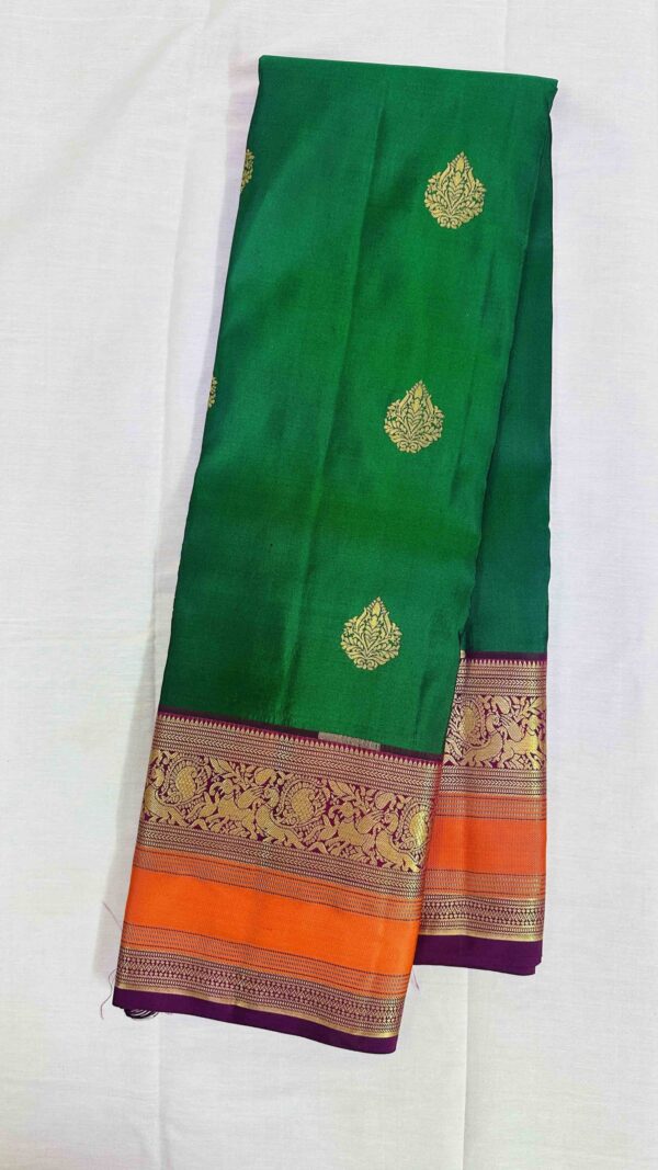 Pure Kanchipuram Silk Saree - Bottle Green with Orange and Magenta