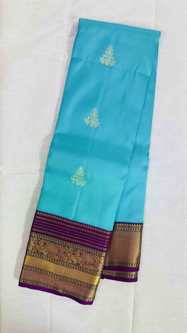 Pure Kanchipuram Silk Saree - Light Blue with Purple