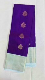 Pure Kanchipuram Silk Saree - Blue with Cream Bentex - Image 3