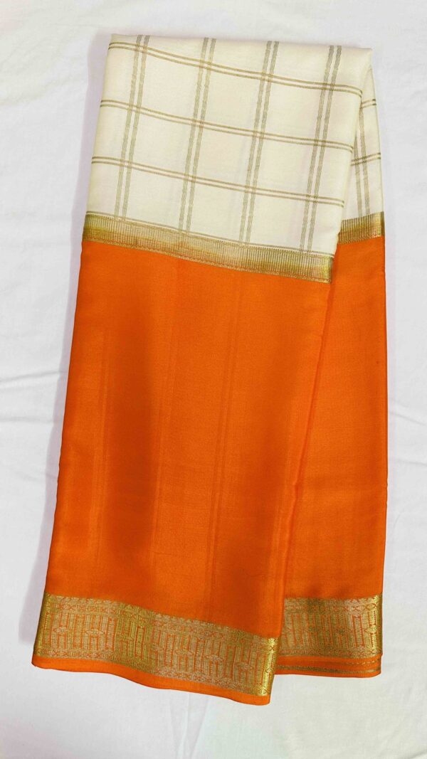 Pure Mysore Silk Crepe - Center Checks Cream and Orange