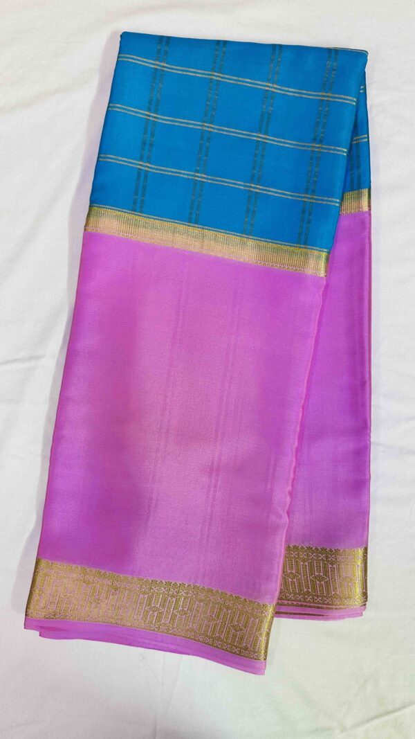 Pure Mysore Silk Crepe - Center Checks Blue and Pink