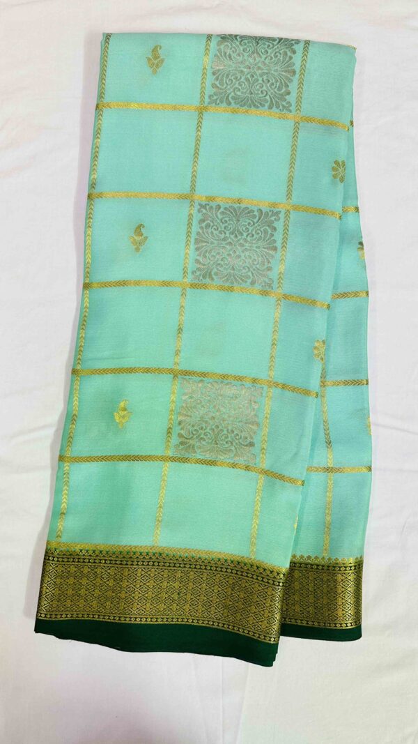 Pure Mysore Silk Crepe - Big Checks Gold and Silver sea Green